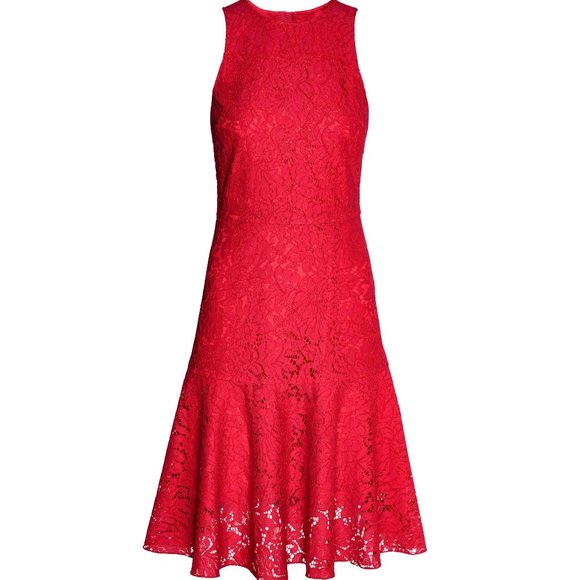 NWOT💕H & M Holiday Red Lace Midi Fit Flare Dress - Picture 2 of 12